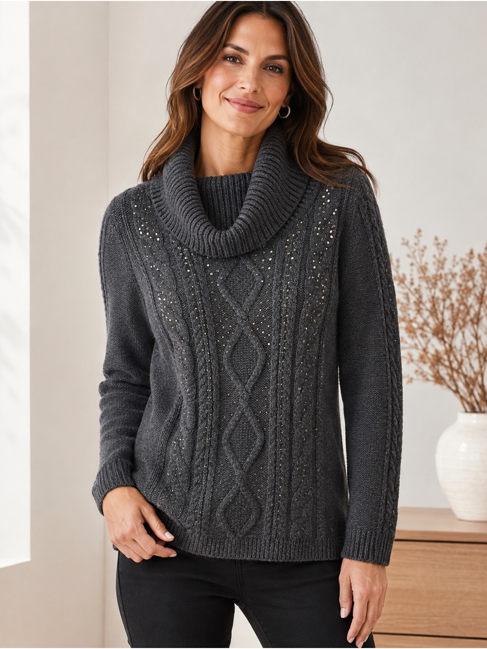 White House Black Market Charcoal Cable-Knit Metallic-Thread Cowl Sweater Y2K S